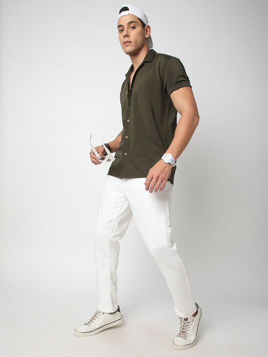 Olive Line Textured Knitted Shirt