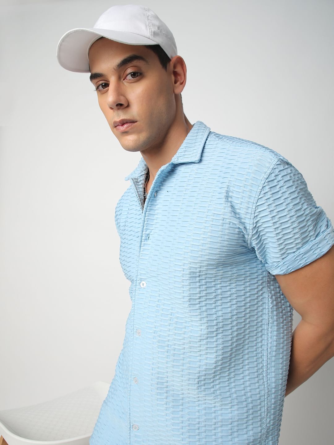 Blue Honeycomb Textured Knitted Shirt