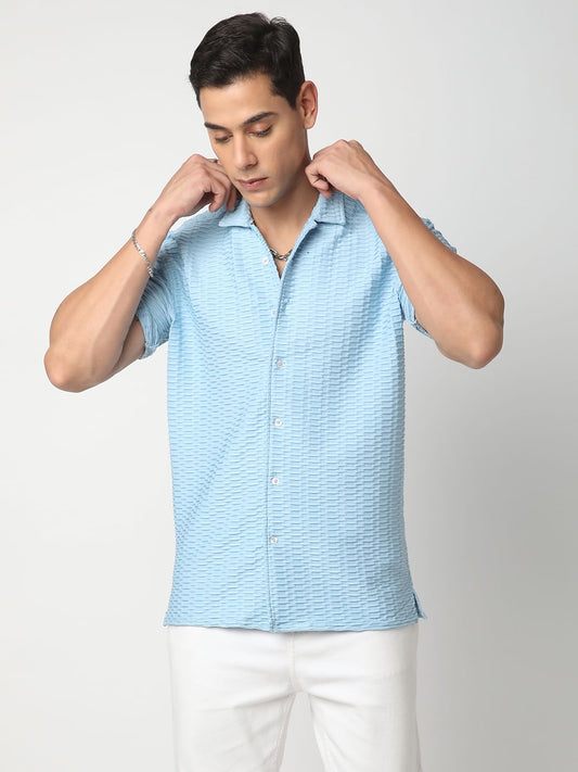 Blue Honeycomb Textured Knitted Shirt