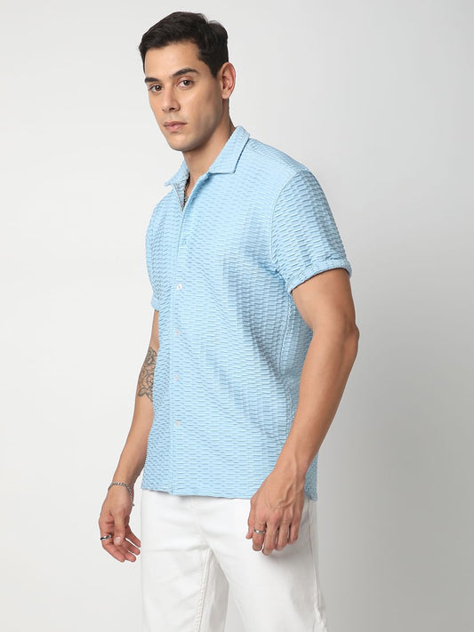 Blue Honeycomb Textured Knitted Shirt
