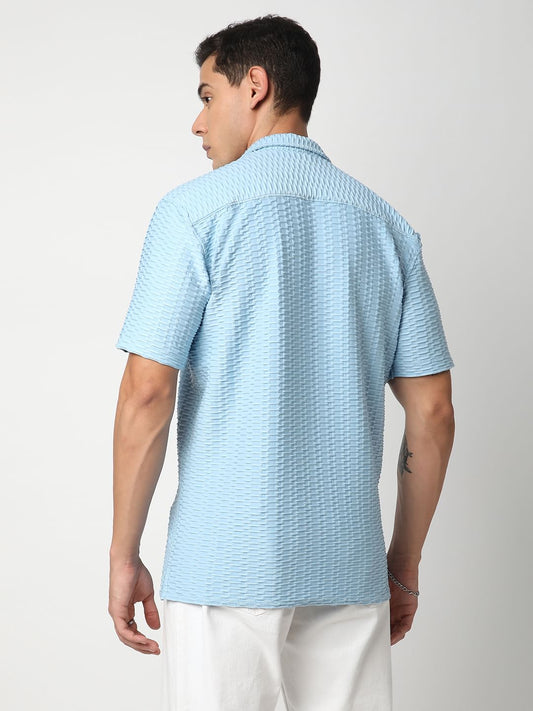 Blue Honeycomb Textured Knitted Shirt