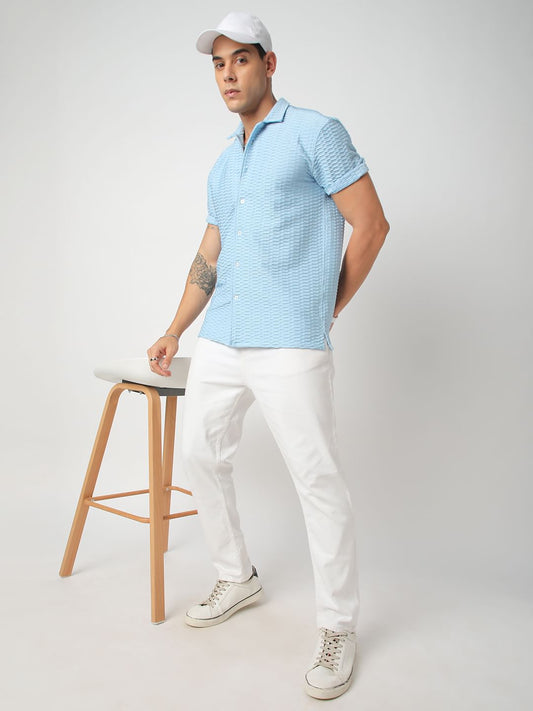 Blue Honeycomb Textured Knitted Shirt