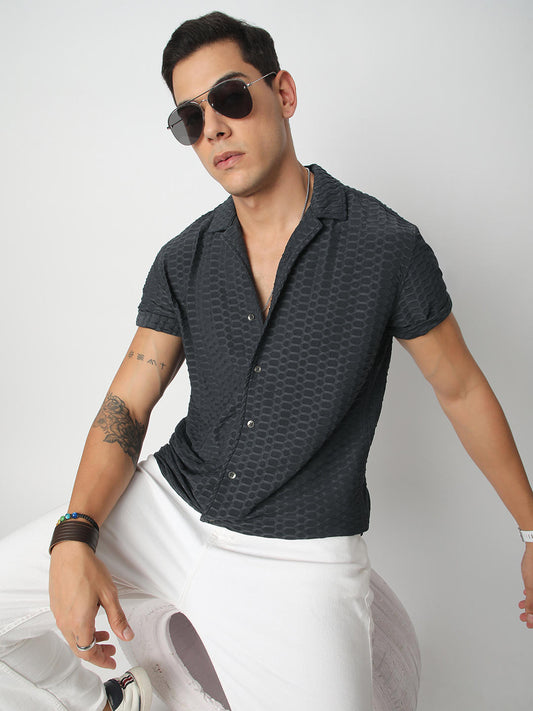 Grey Honeycomb Textured Knitted Shirt