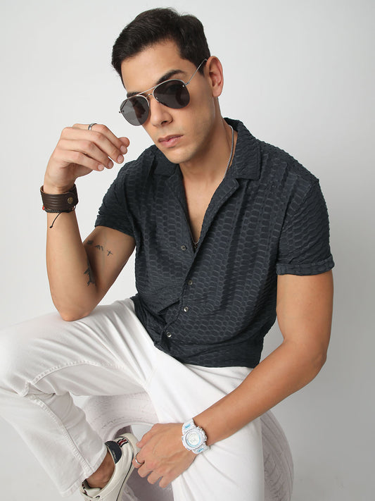 Grey Honeycomb Textured Knitted Shirt