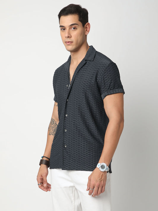 Grey Honeycomb Textured Knitted Shirt