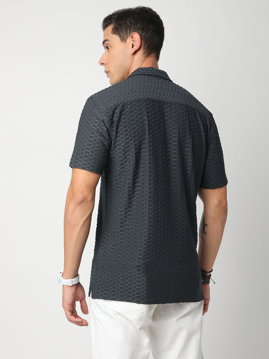 Grey Honeycomb Textured Knitted Shirt