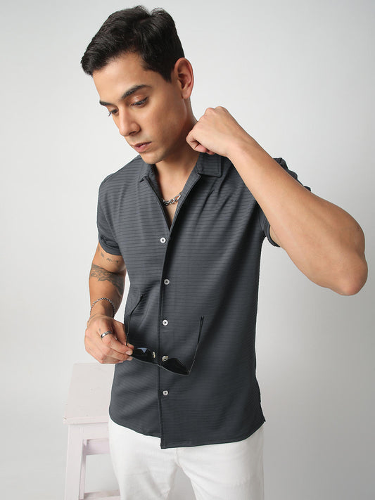 Pebble Grey Line Textured Knitted Shirt