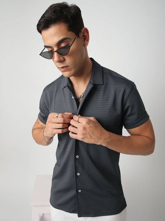 Pebble Grey Line Textured Knitted Shirt