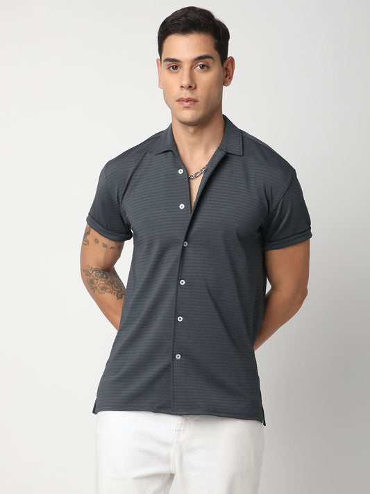 Pebble Grey Line Textured Knitted Shirt