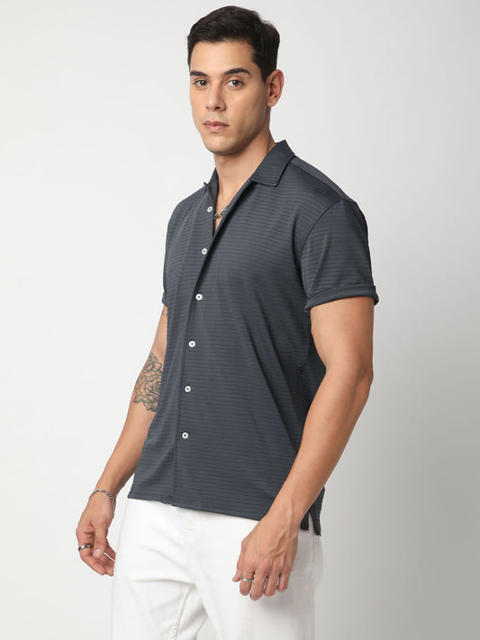 Pebble Grey Line Textured Knitted Shirt