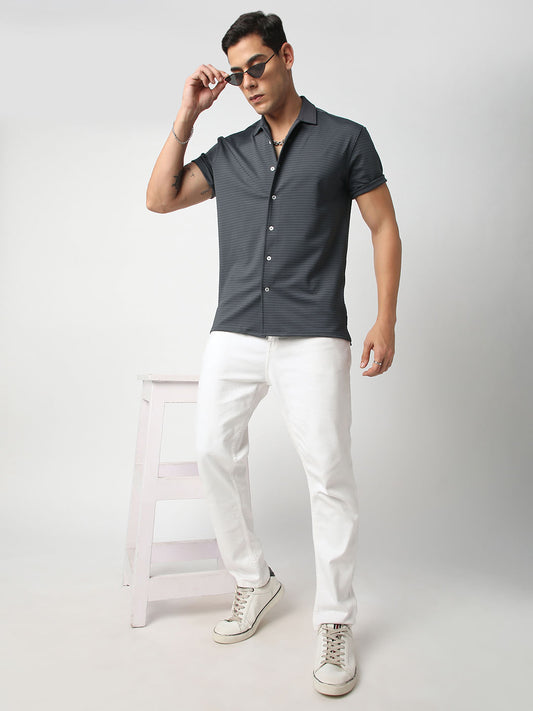 Pebble Grey Line Textured Knitted Shirt