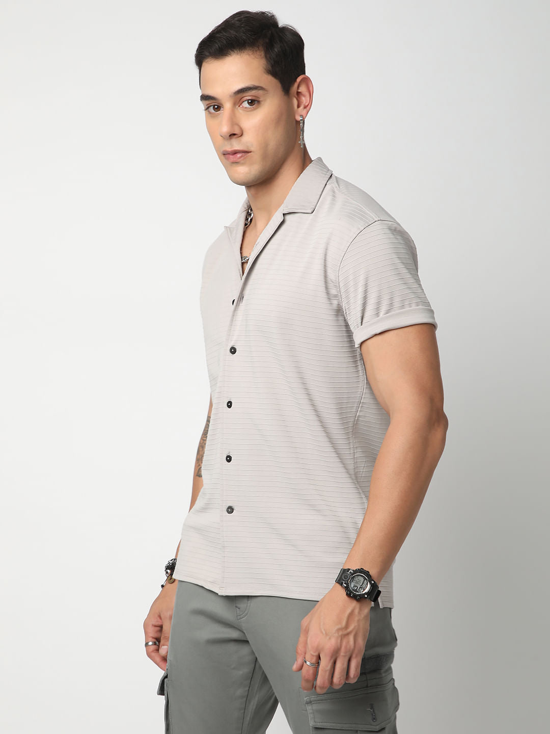 Silver Grey Line Textured Knitted Shirt
