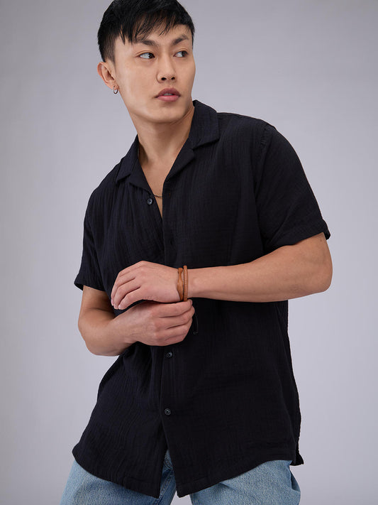 Timeless Black Double Cloth Crinkled Shirt