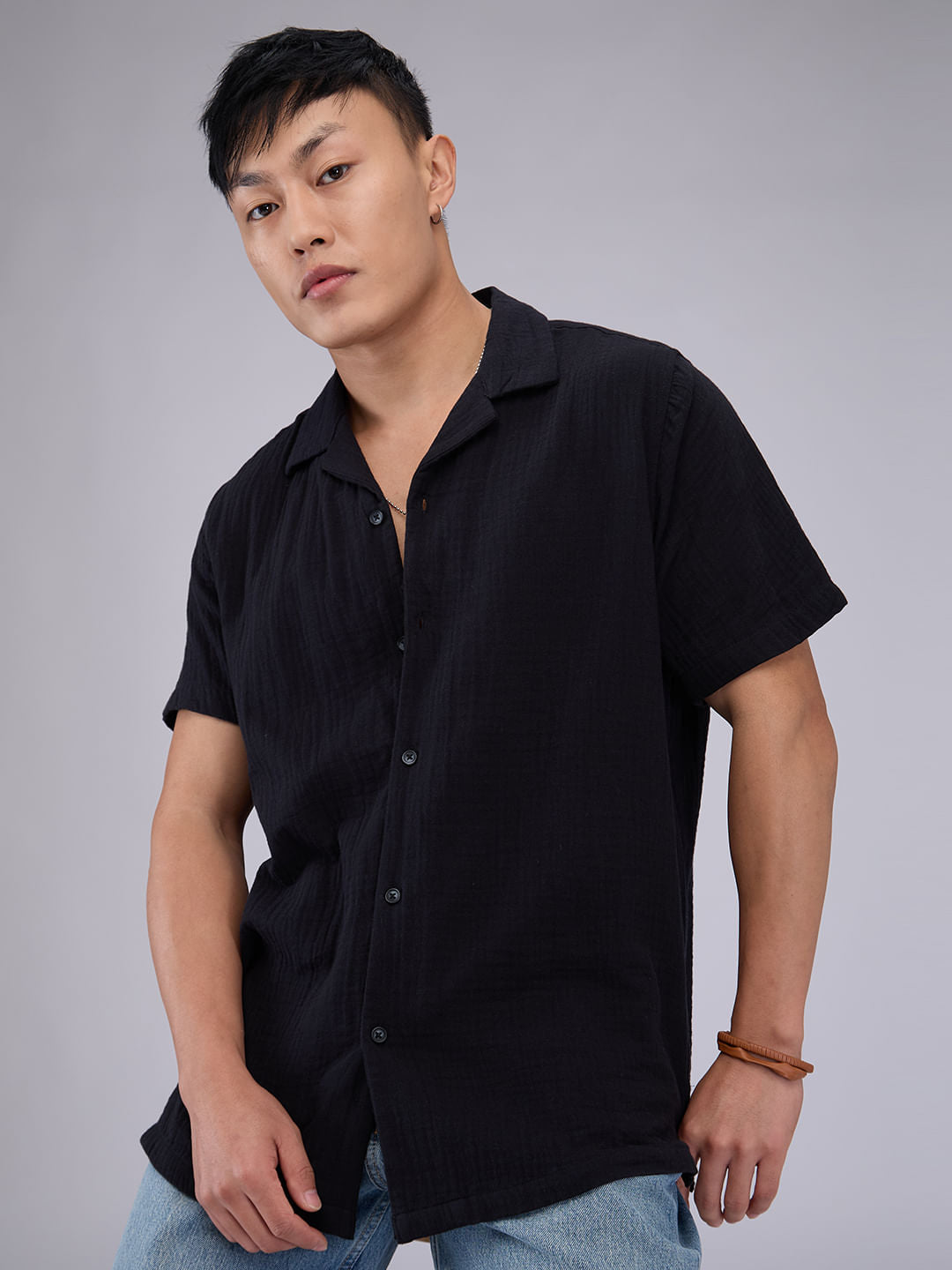 Timeless Black Double Cloth Crinkled Shirt