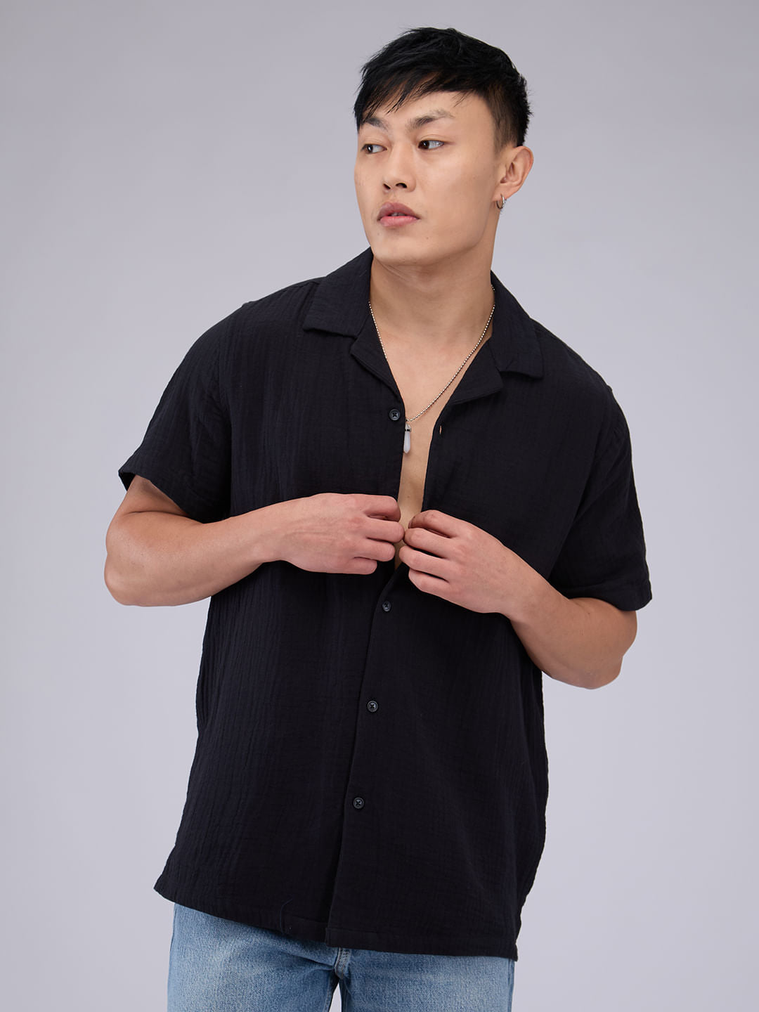 Timeless Black Double Cloth Crinkled Shirt