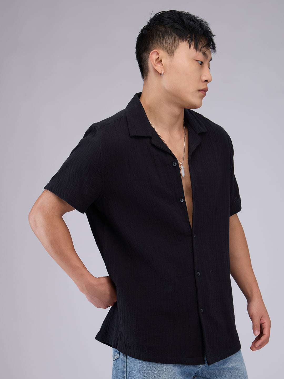Timeless Black Double Cloth Crinkled Shirt