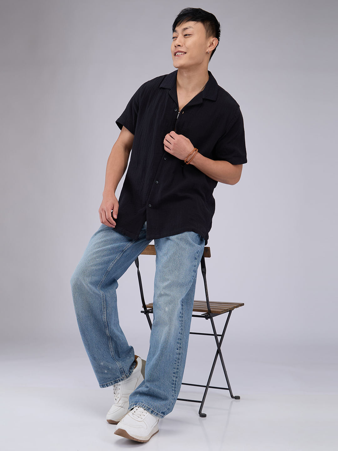 Timeless Black Double Cloth Crinkled Shirt