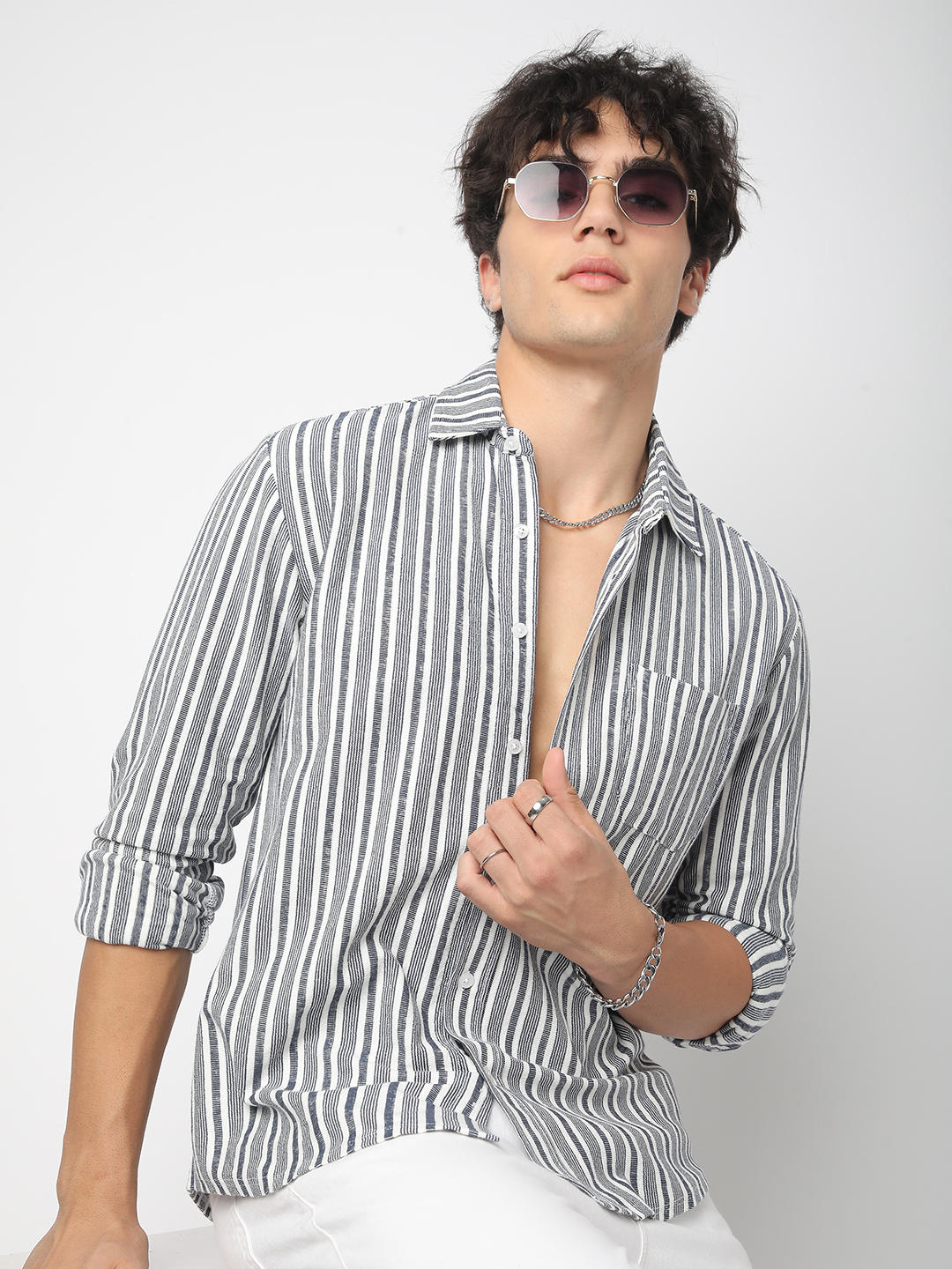 Vertical Navy Line Striped Knitted Shirt