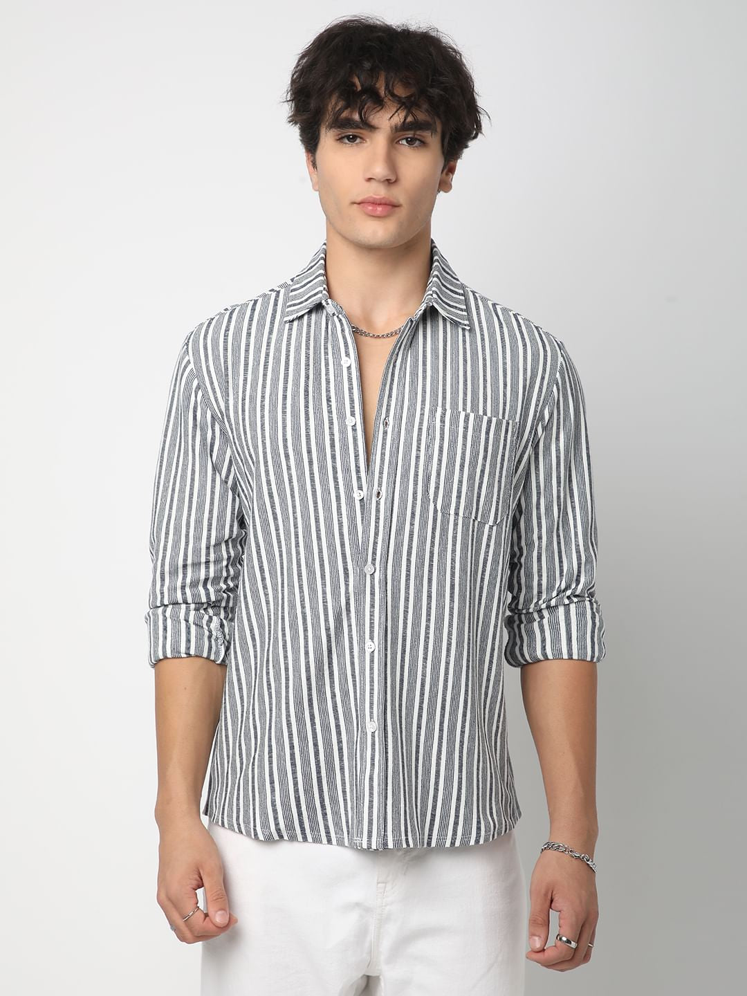Vertical Navy Line Striped Knitted Shirt
