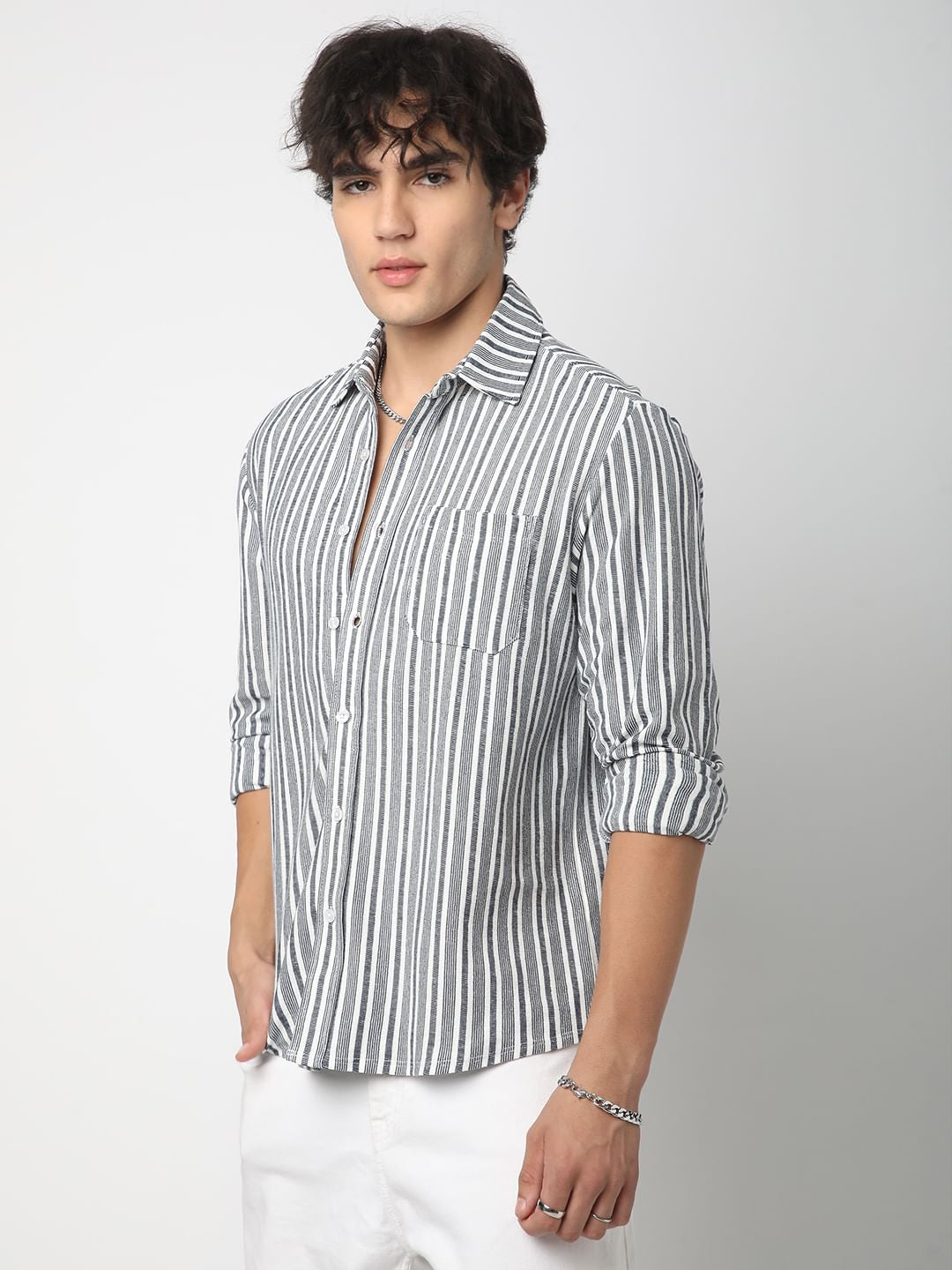 Vertical Navy Line Striped Knitted Shirt