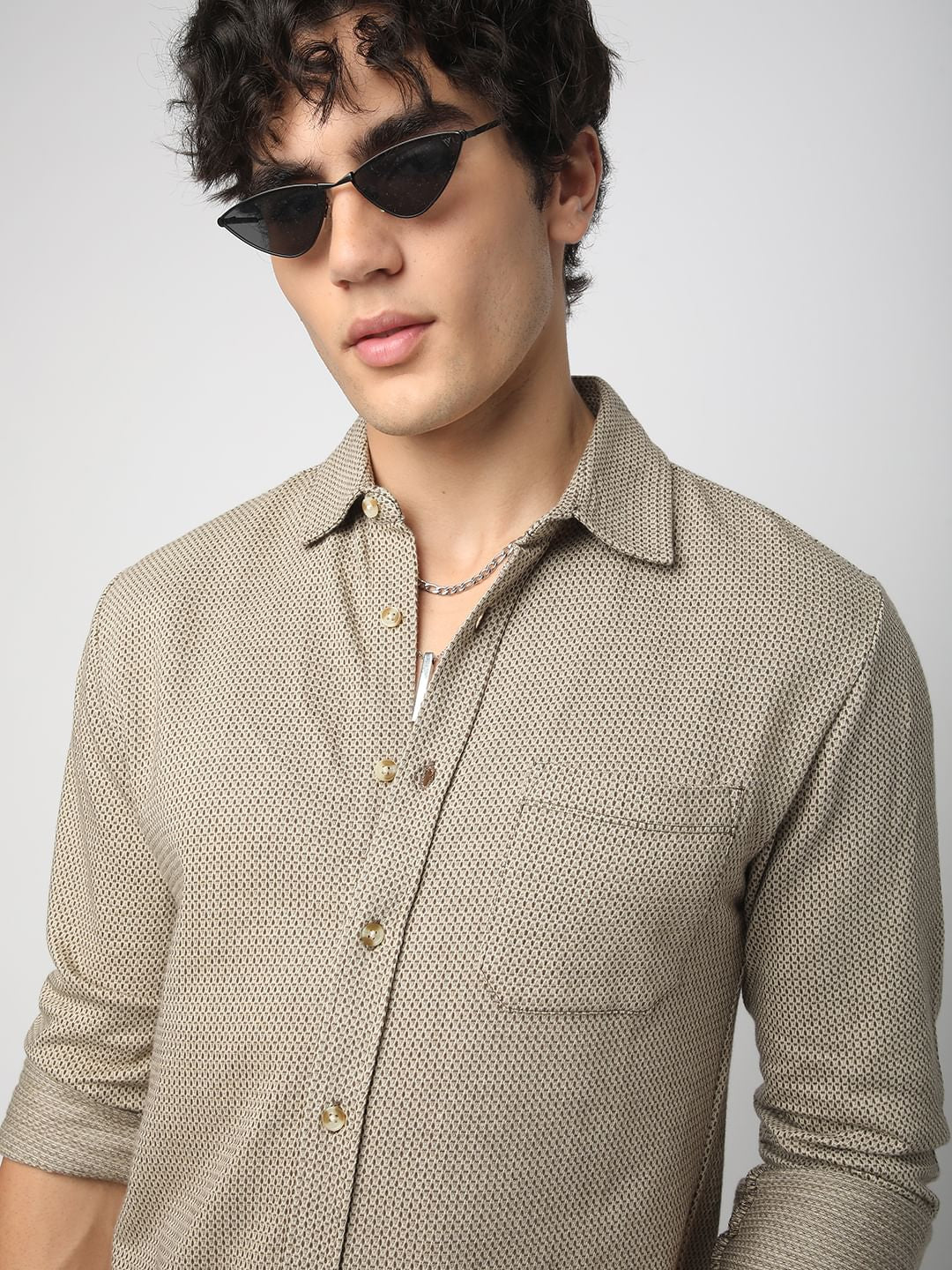 Detailed Coffee Brown Jacquard Knitted Shirt