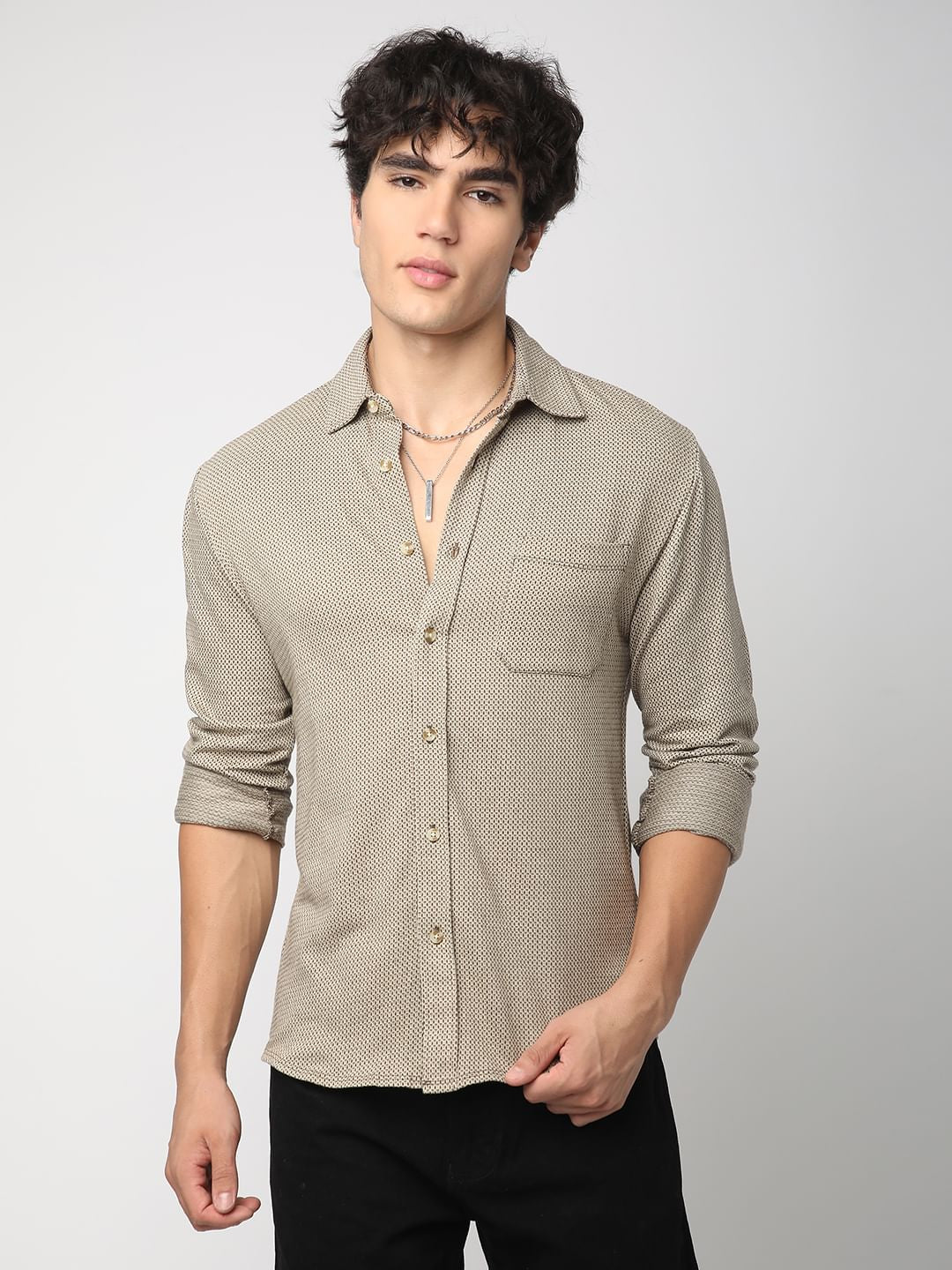 Detailed Coffee Brown Jacquard Knitted Shirt