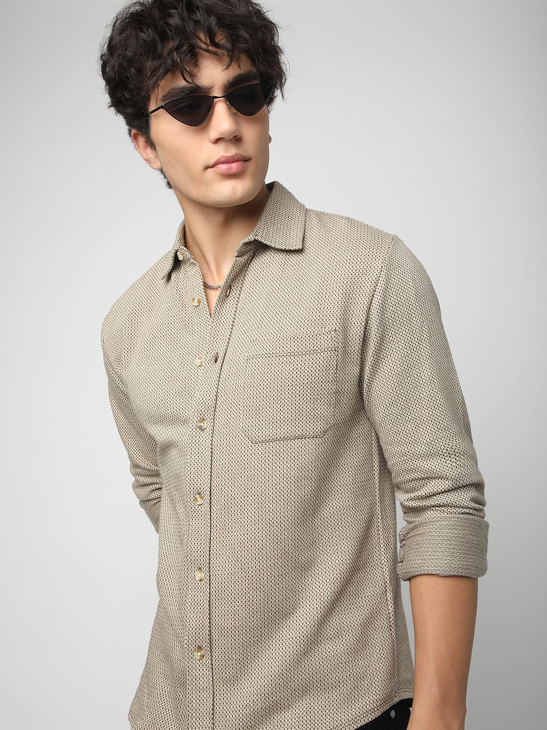 Detailed Coffee Brown Jacquard Knitted Shirt