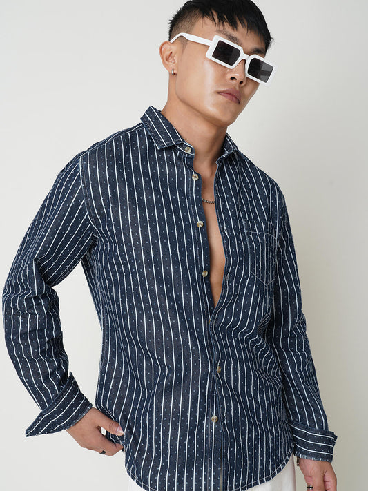 Navy Striped Ditsy Denim Shirt
