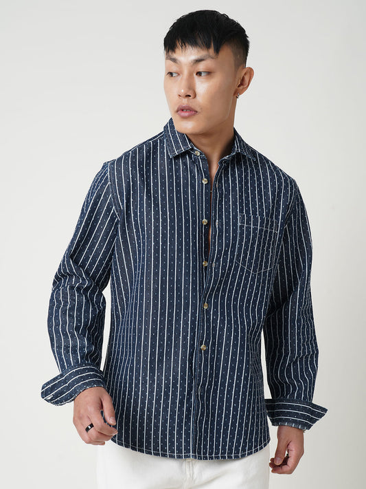 Navy Striped Ditsy Denim Shirt