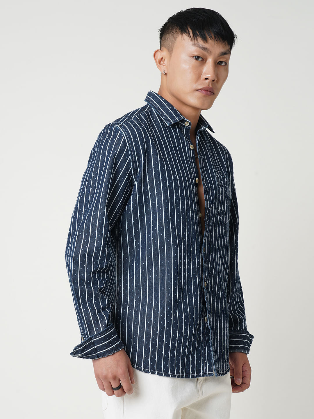 Navy Striped Ditsy Denim Shirt