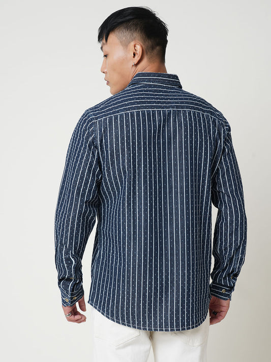 Navy Striped Ditsy Denim Shirt