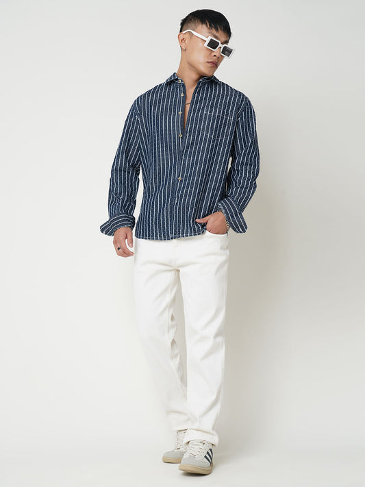 Navy Striped Ditsy Denim Shirt