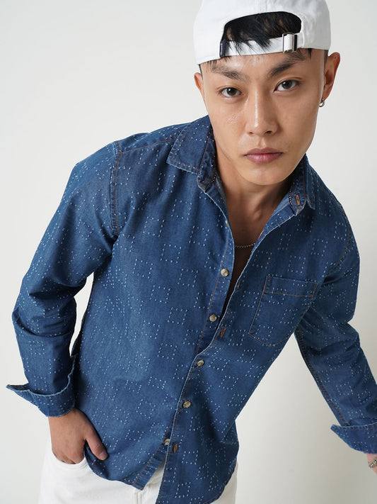 Blue Denim Contrast Stitched Shirt