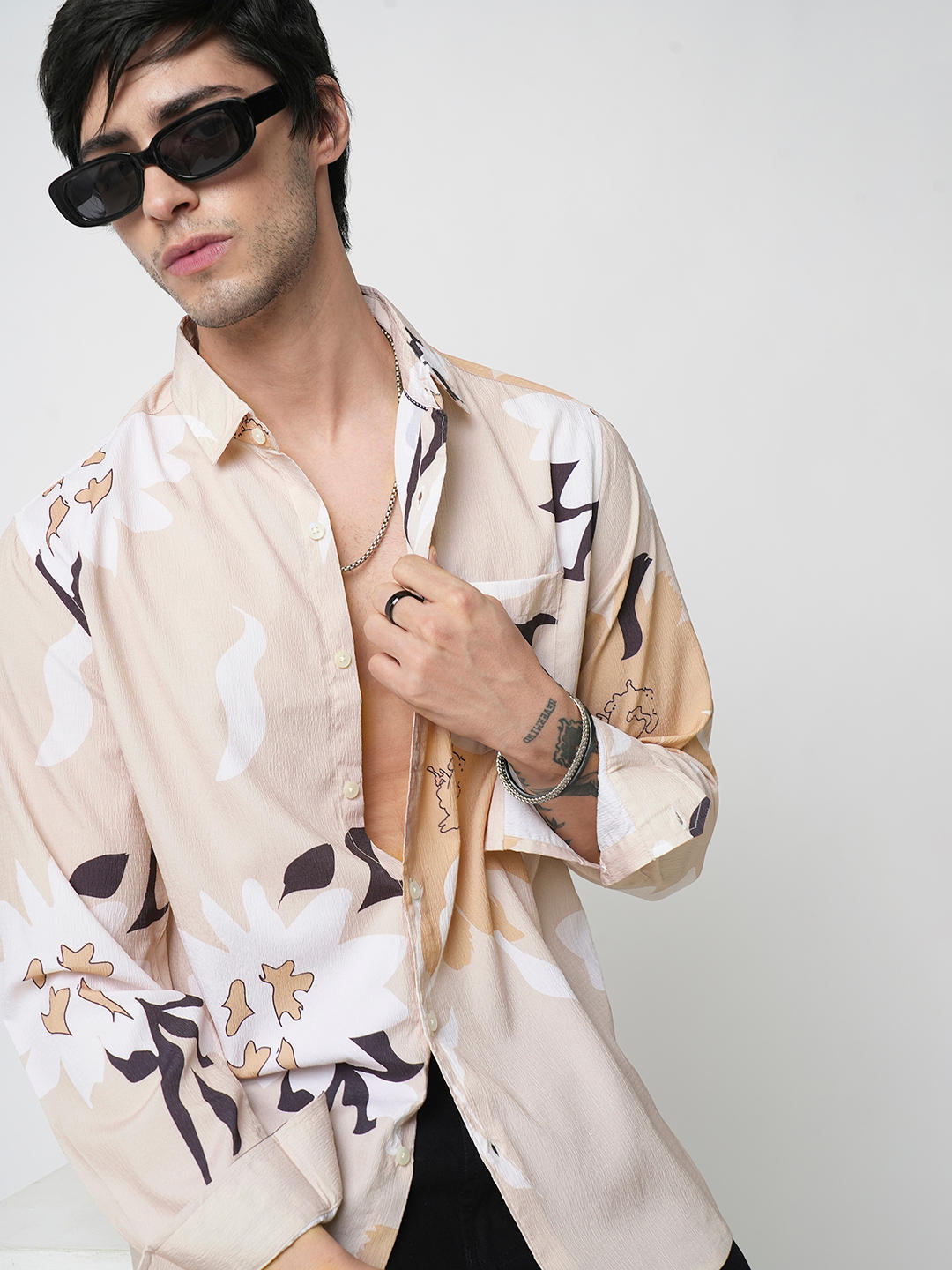 Beige Abstract Printed Creased Shirt