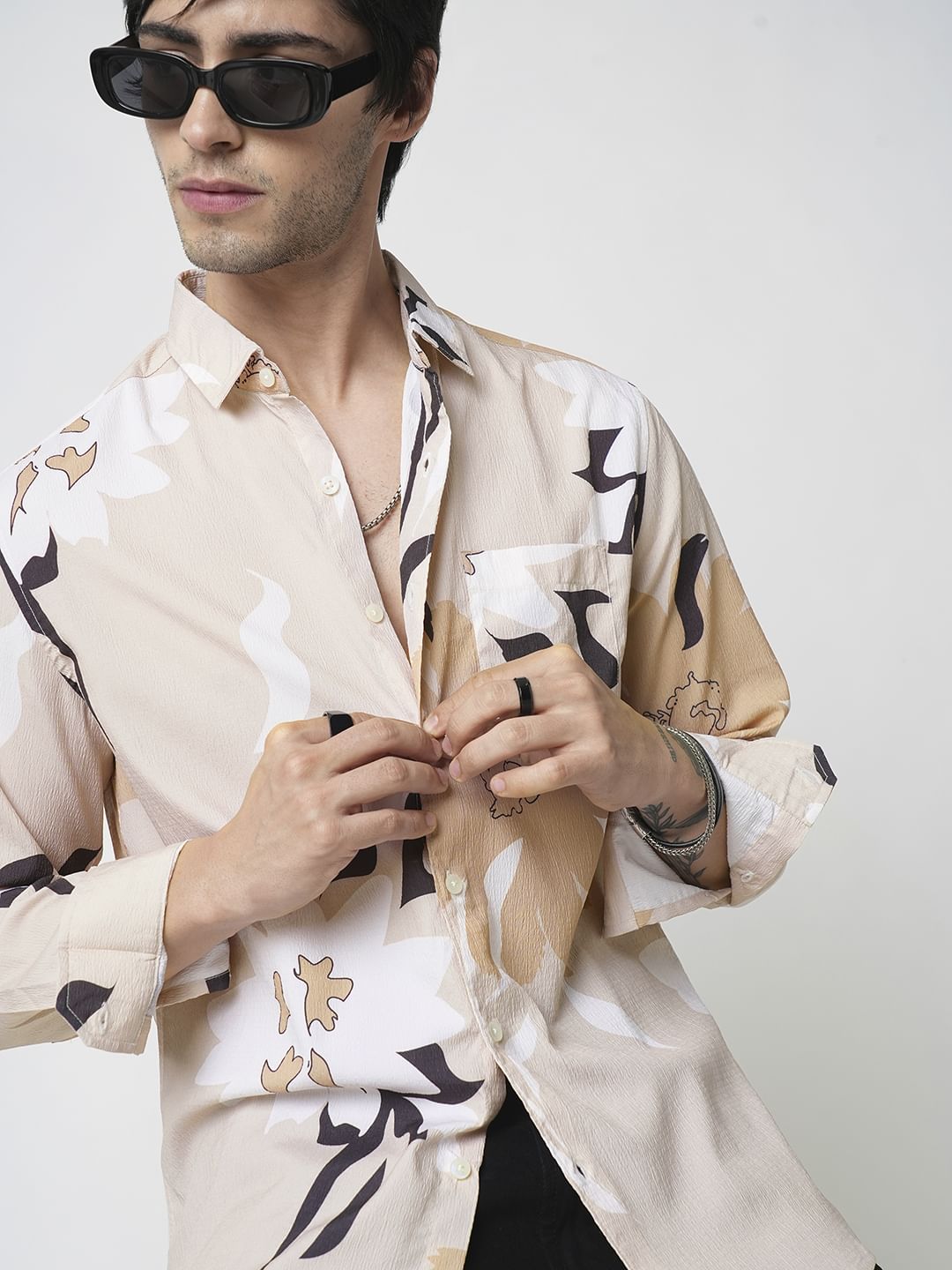 Beige Abstract Printed Creased Shirt