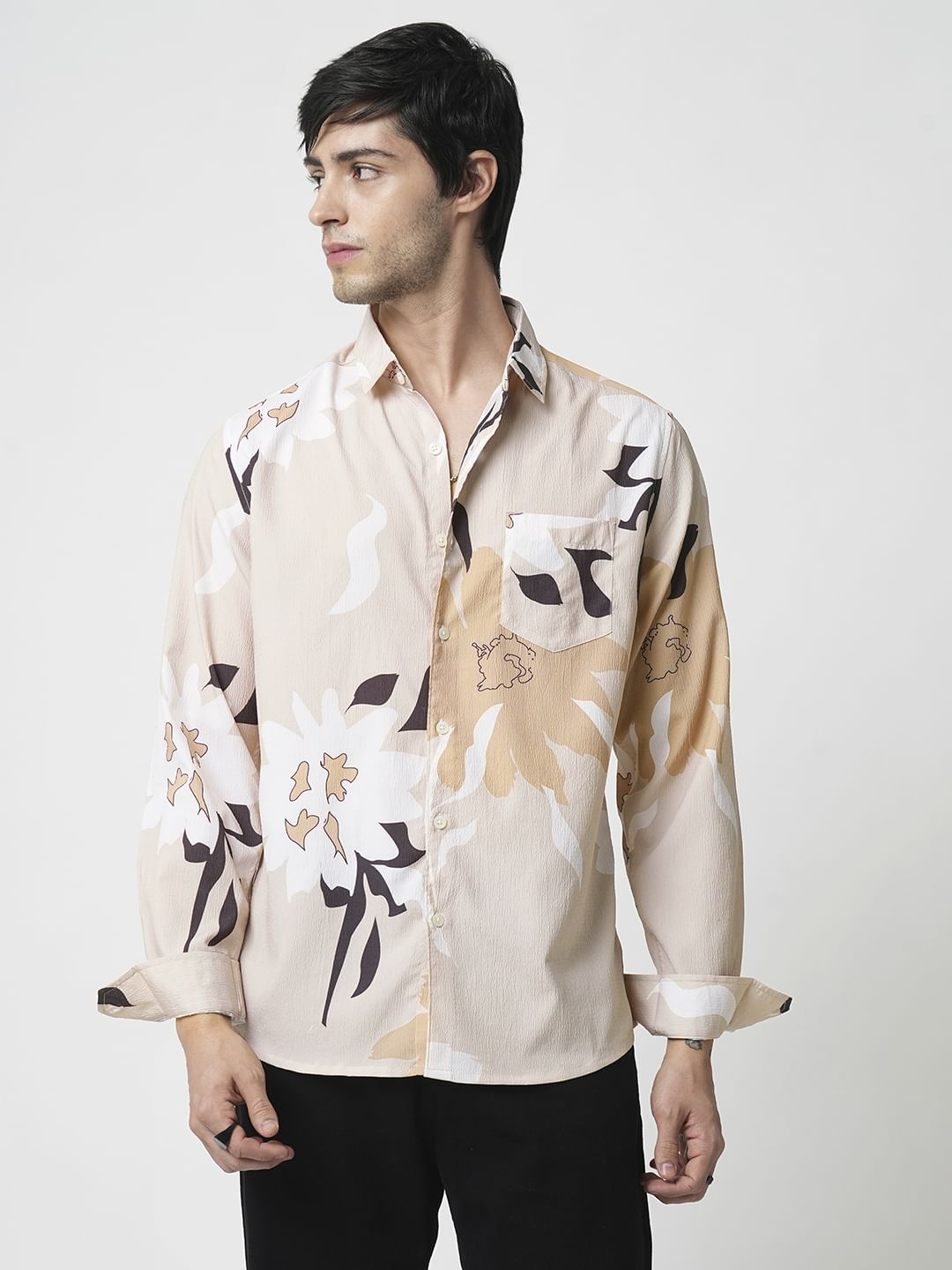 Beige Abstract Printed Creased Shirt