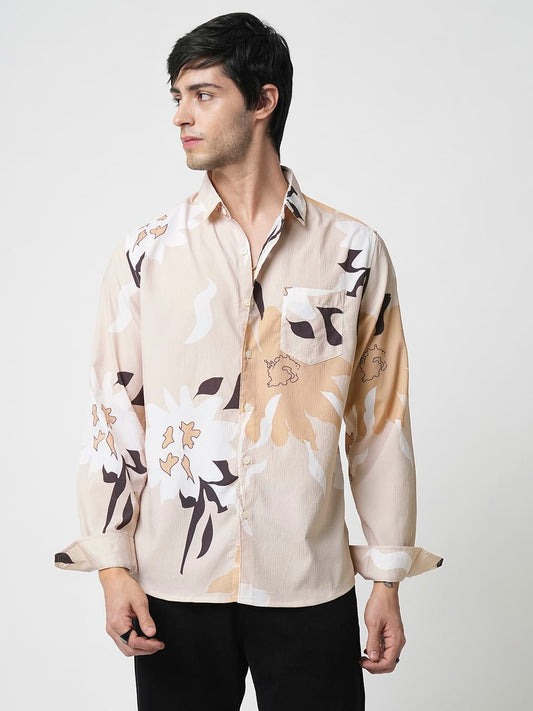 Beige Abstract Printed Creased Shirt