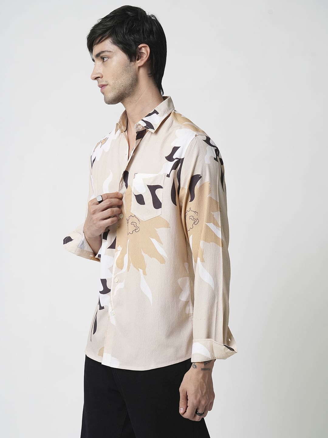 Beige Abstract Printed Creased Shirt
