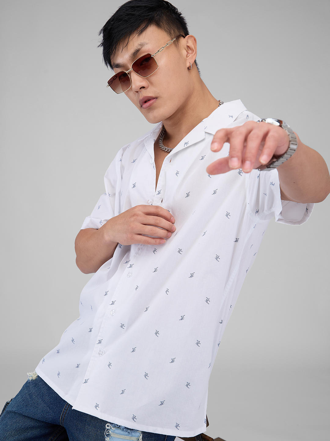 Quirky White Tiny Skiing Printed Oversized Shirt