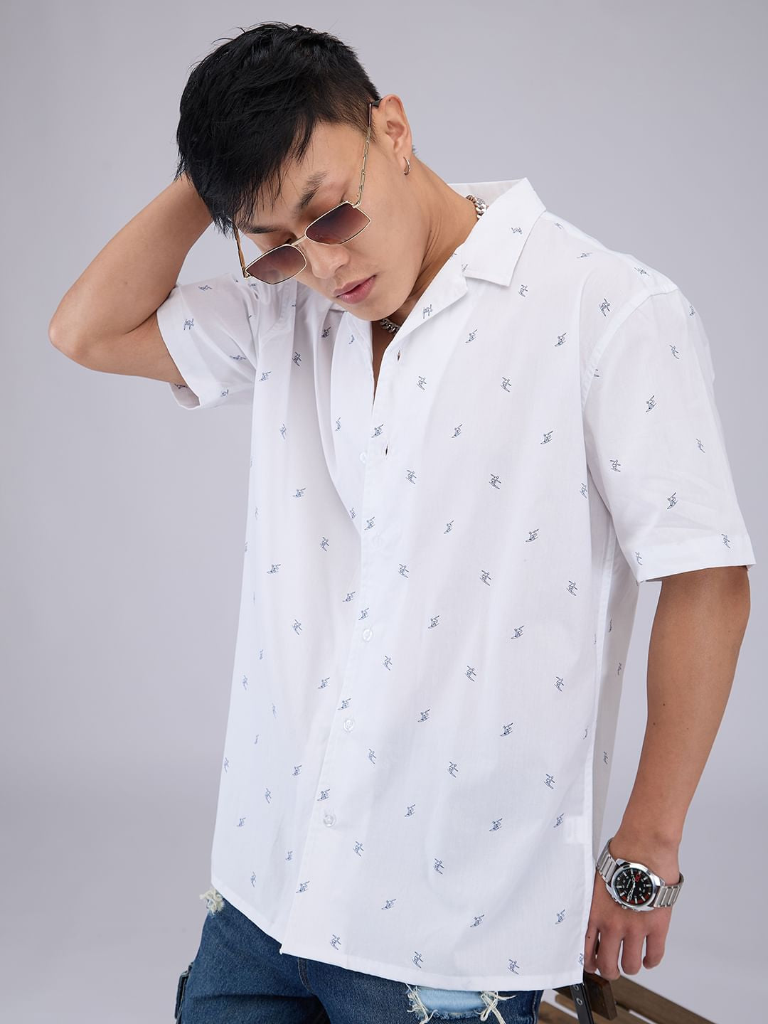 Quirky White Tiny Skiing Printed Oversized Shirt