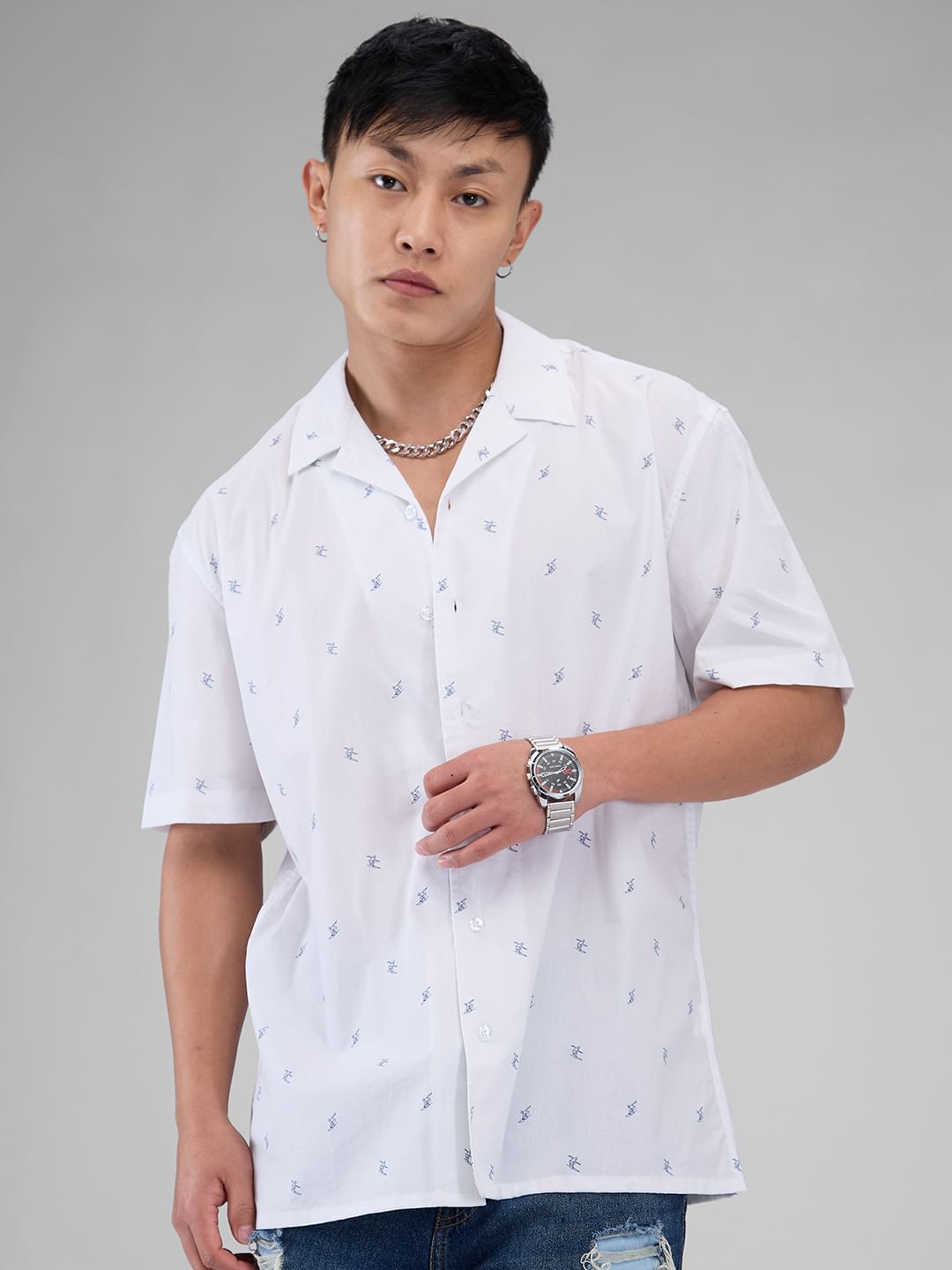 Quirky White Tiny Skiing Printed Oversized Shirt