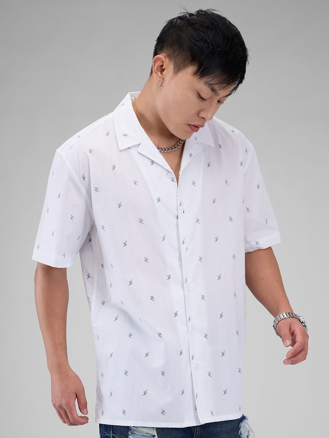 Quirky White Tiny Skiing Printed Oversized Shirt