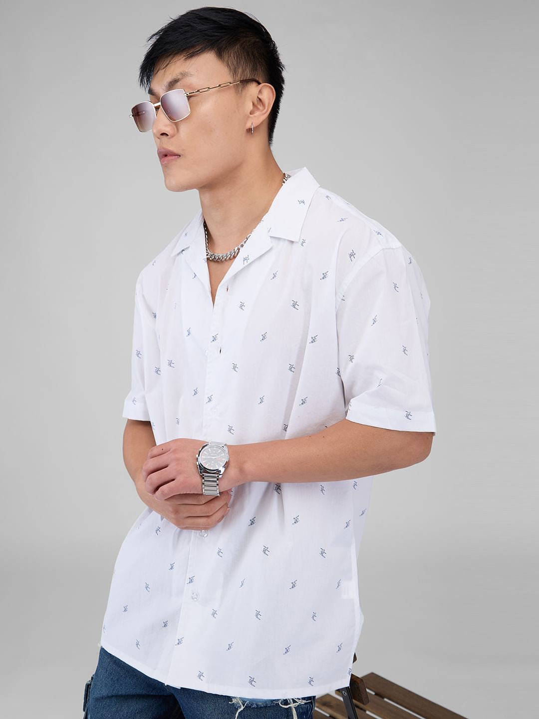 Quirky White Tiny Skiing Printed Oversized Shirt
