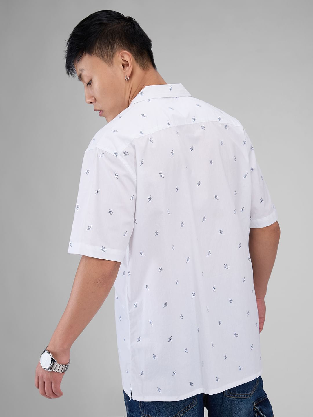 Quirky White Tiny Skiing Printed Oversized Shirt