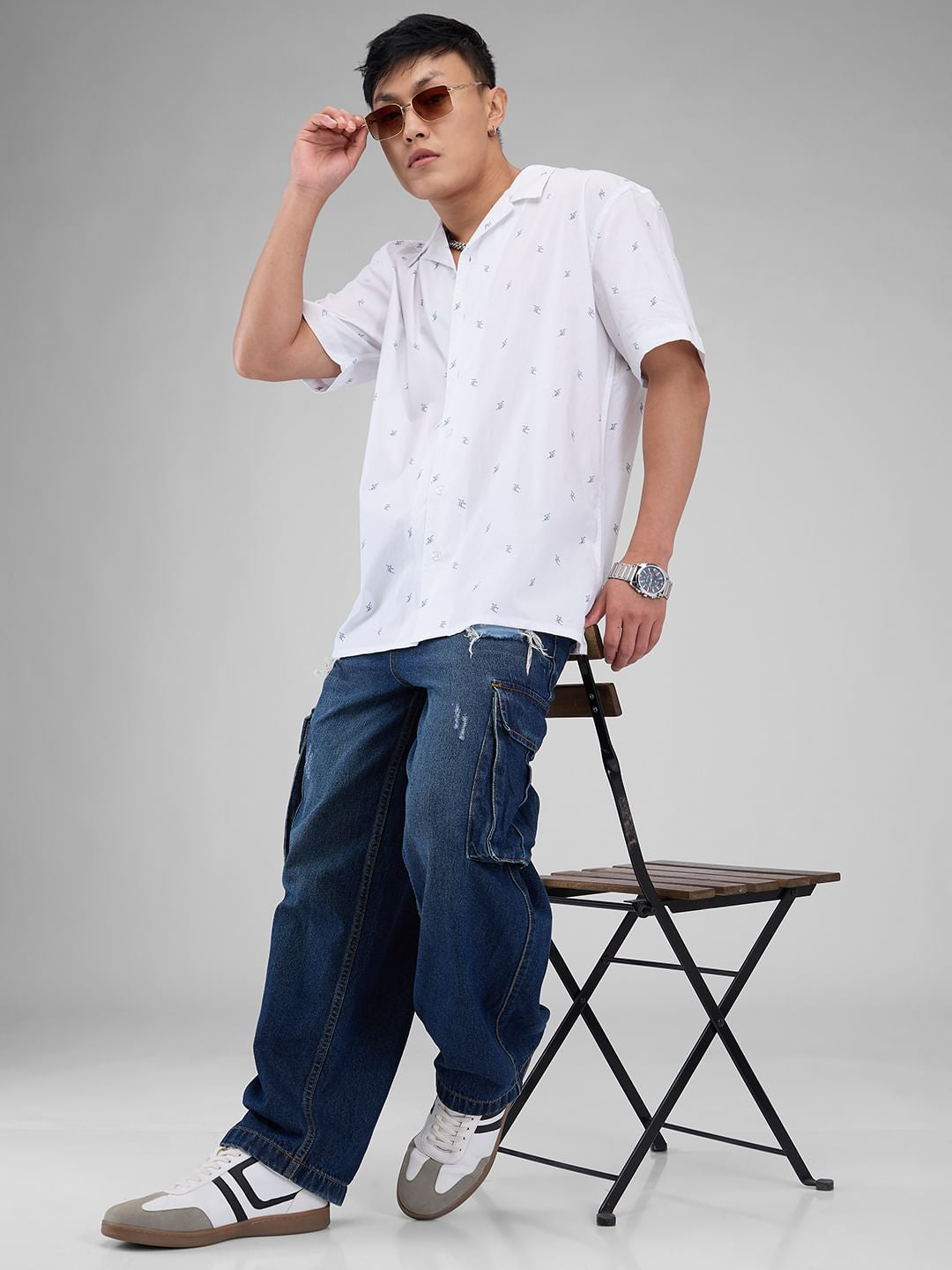 Quirky White Tiny Skiing Printed Oversized Shirt