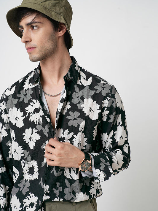 Midnight Black Floral Printed Creased Shirt