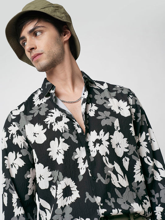 Midnight Black Floral Printed Creased Shirt