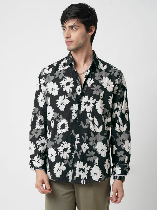 Midnight Black Floral Printed Creased Shirt