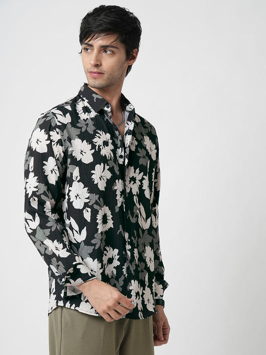 Midnight Black Floral Printed Creased Shirt