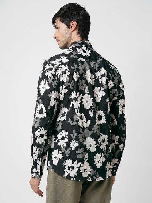 Midnight Black Floral Printed Creased Shirt